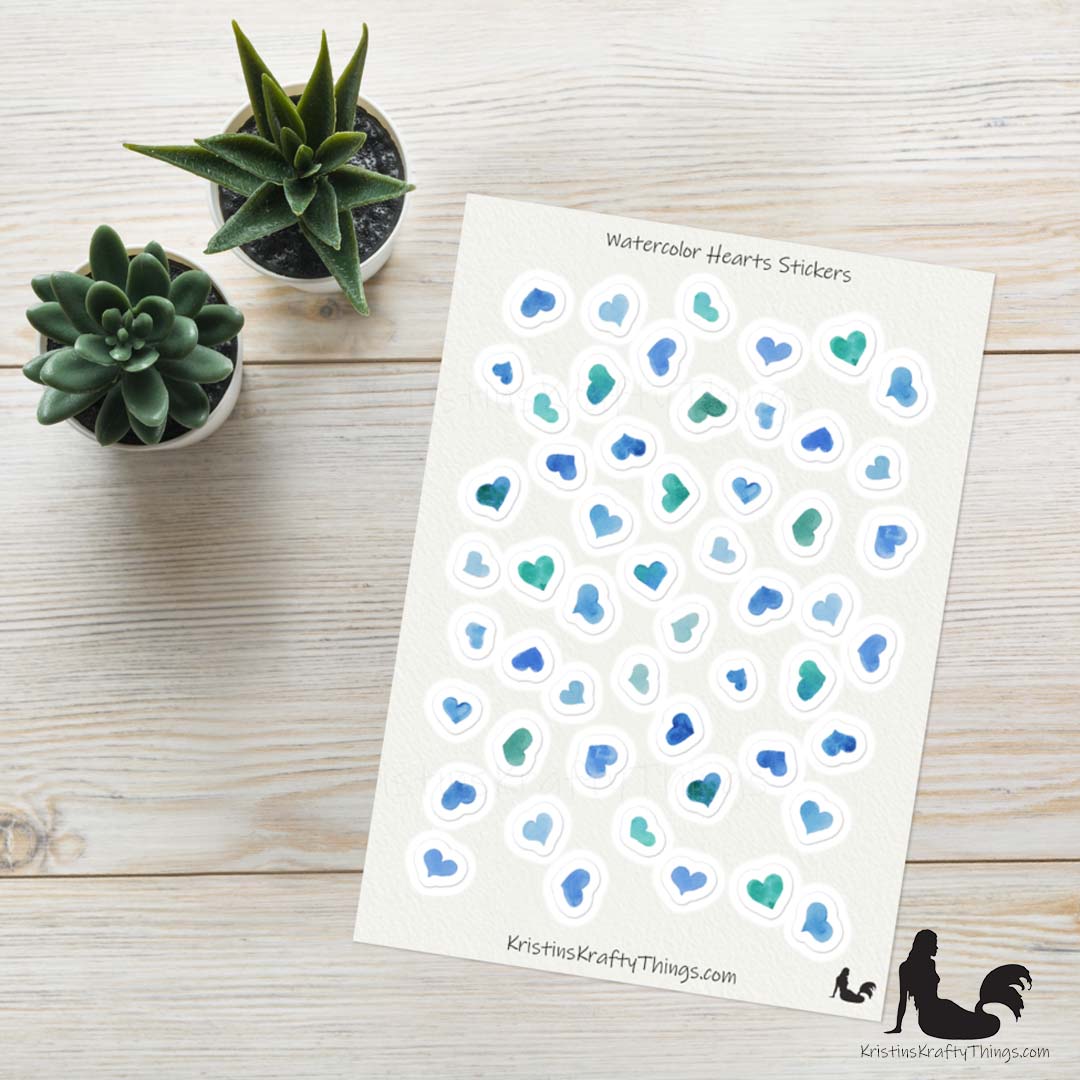 Sticker Sheet - Blue Watercolor Hearts Stickers
