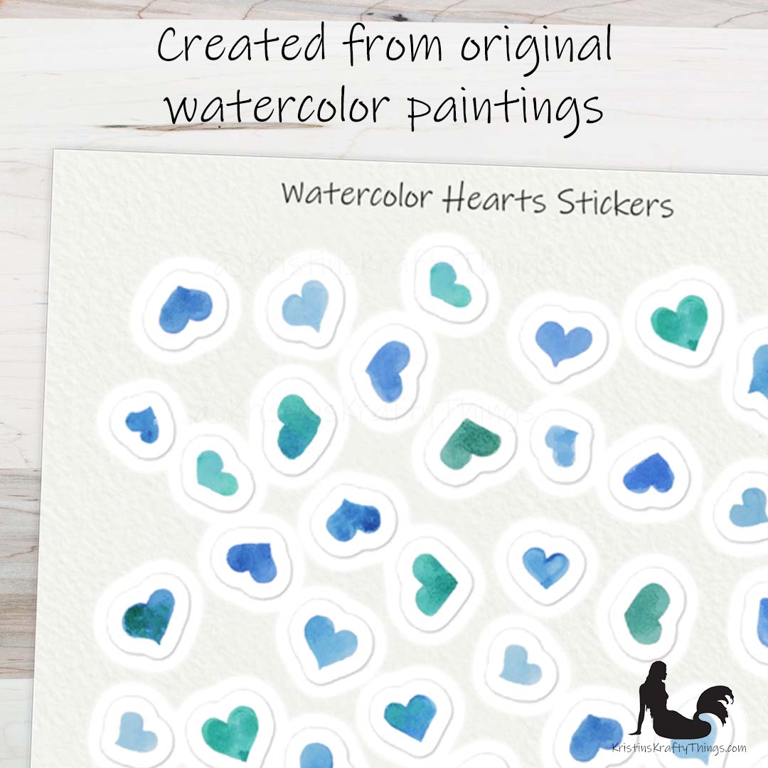 Sticker Sheet - Set of Blue and Pink Watercolor Hearts