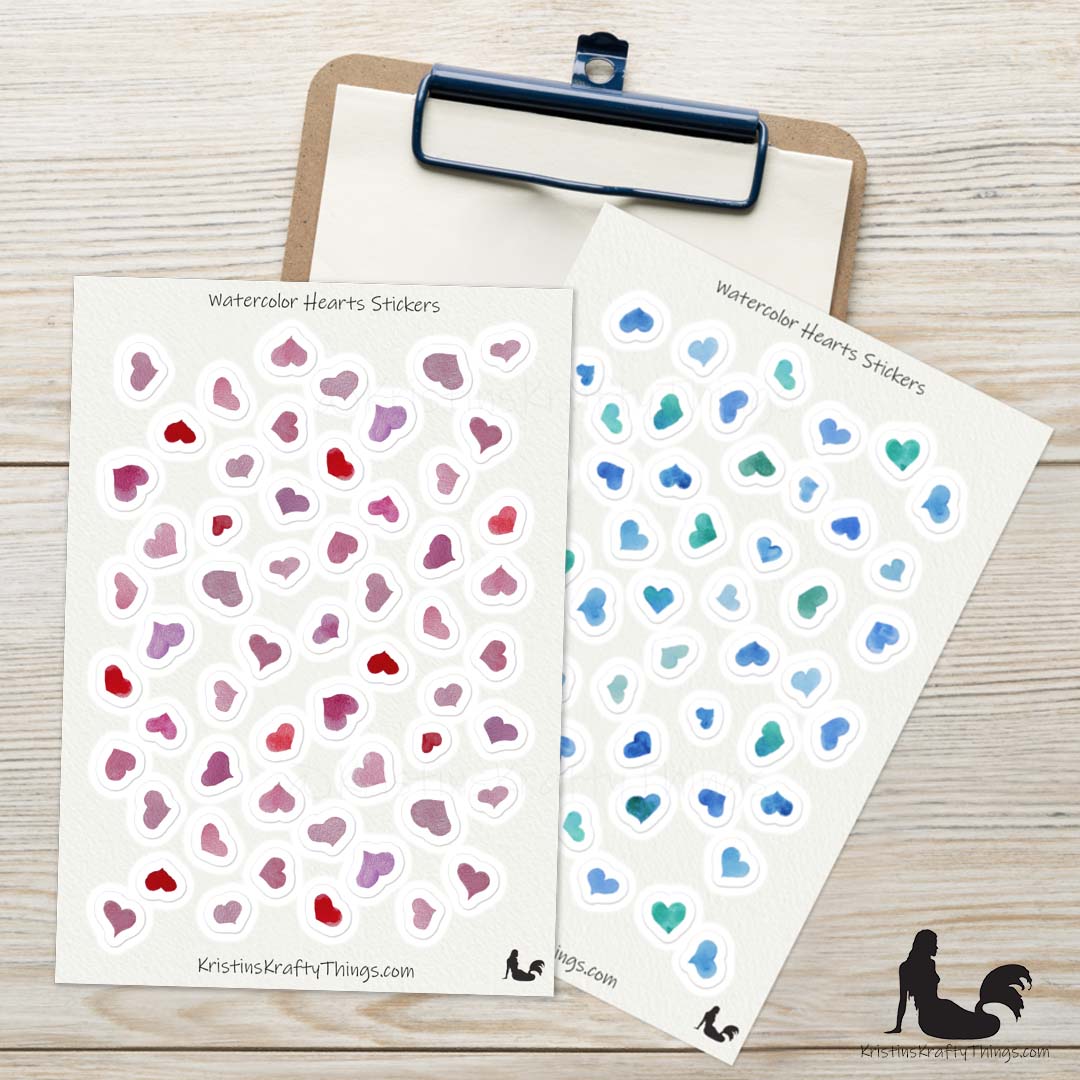 Sticker Sheet - Set of Blue and Pink Watercolor Hearts