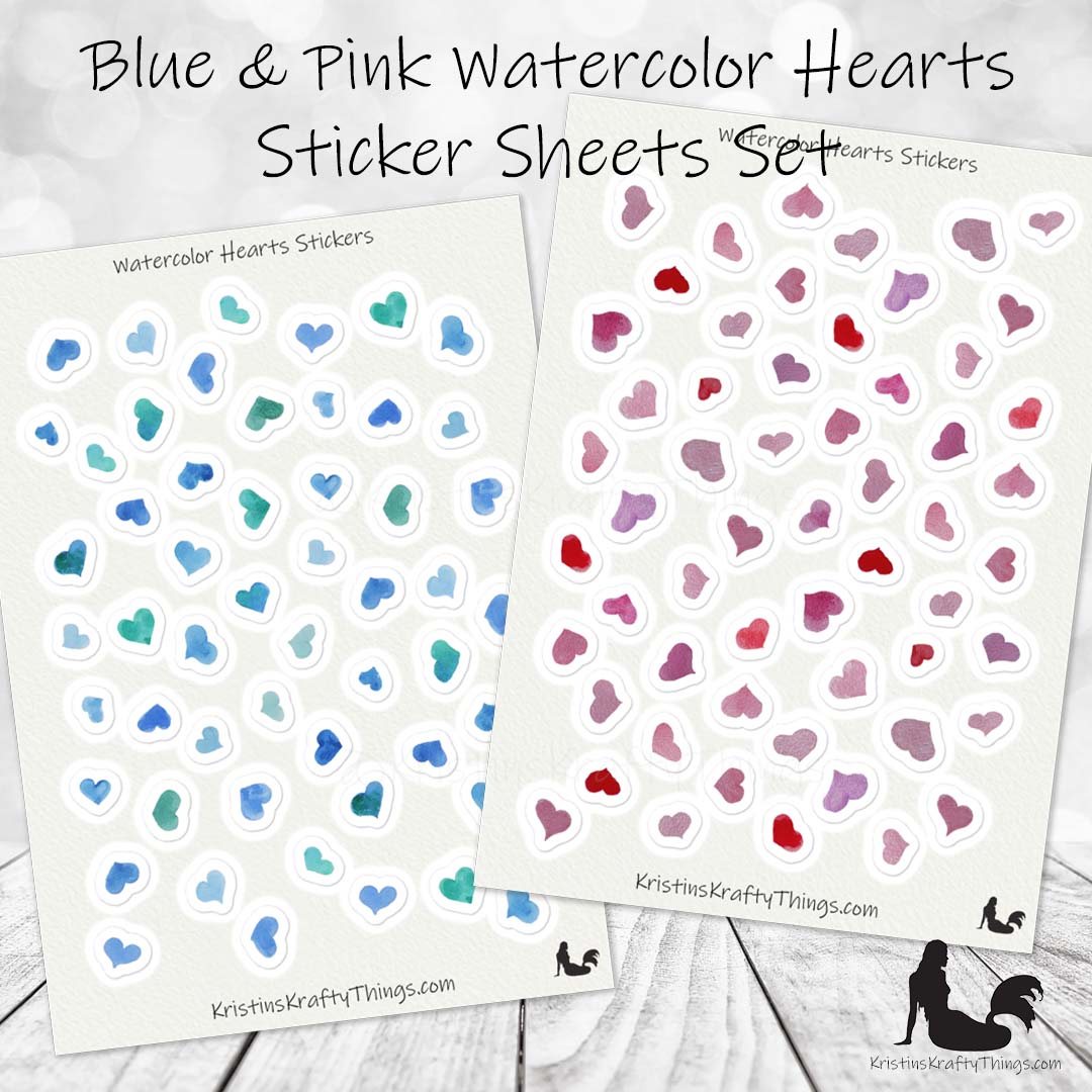 Sticker Sheet - Set of Blue and Pink Watercolor Hearts