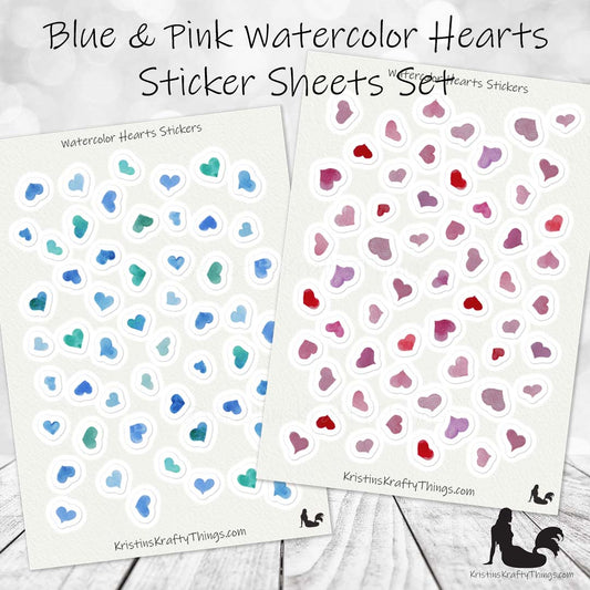 Sticker Sheet - Set of Blue and Pink Watercolor Hearts