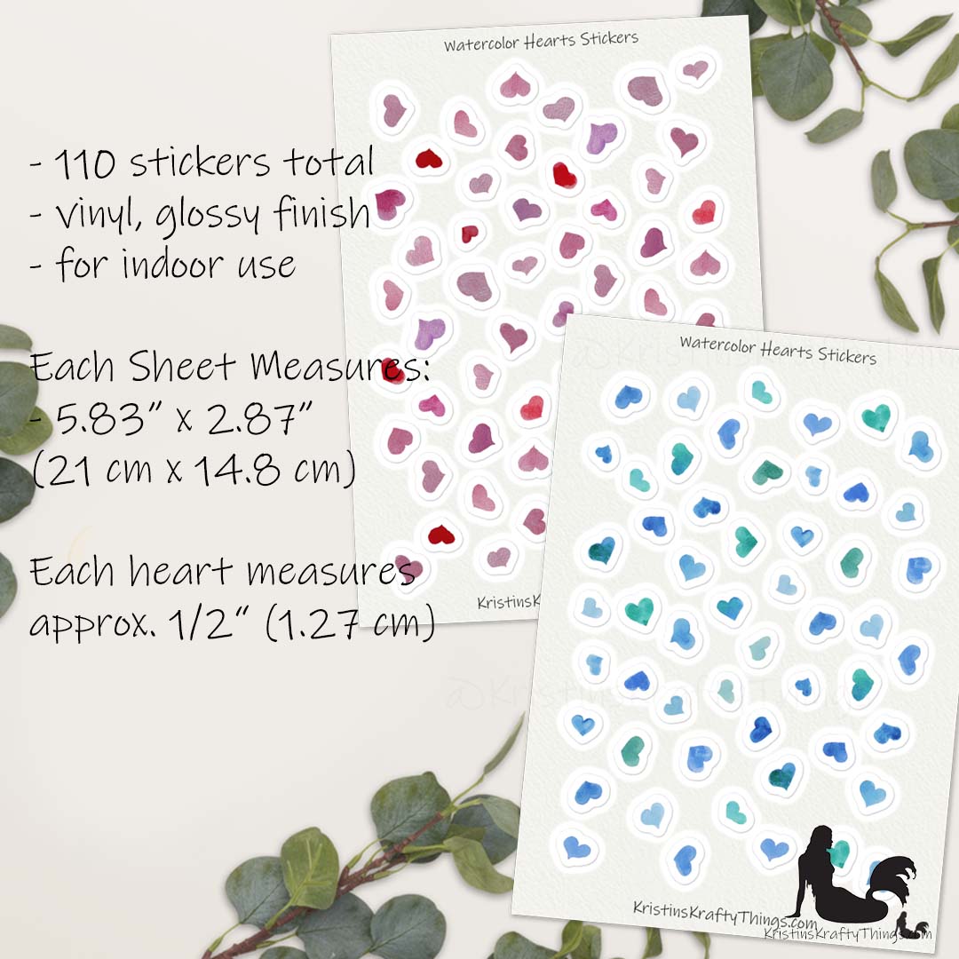 Sticker Sheet - Set of Blue and Pink Watercolor Hearts