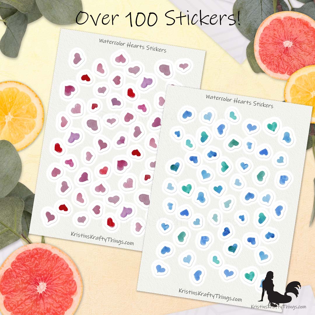 Sticker Sheet - Set of Blue and Pink Watercolor Hearts
