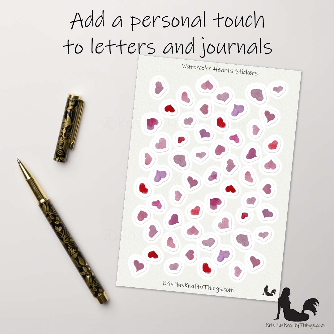 Sticker Sheet - Set of Blue and Pink Watercolor Hearts