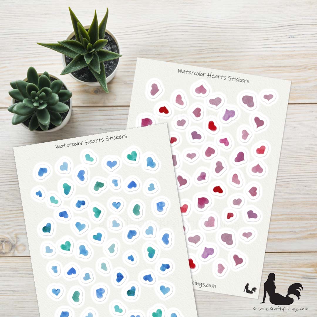 Sticker Sheet - Set of Blue and Pink Watercolor Hearts