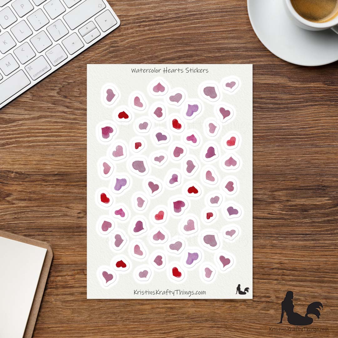 Sticker Sheet - Pink Hearts Watercolor Stickers