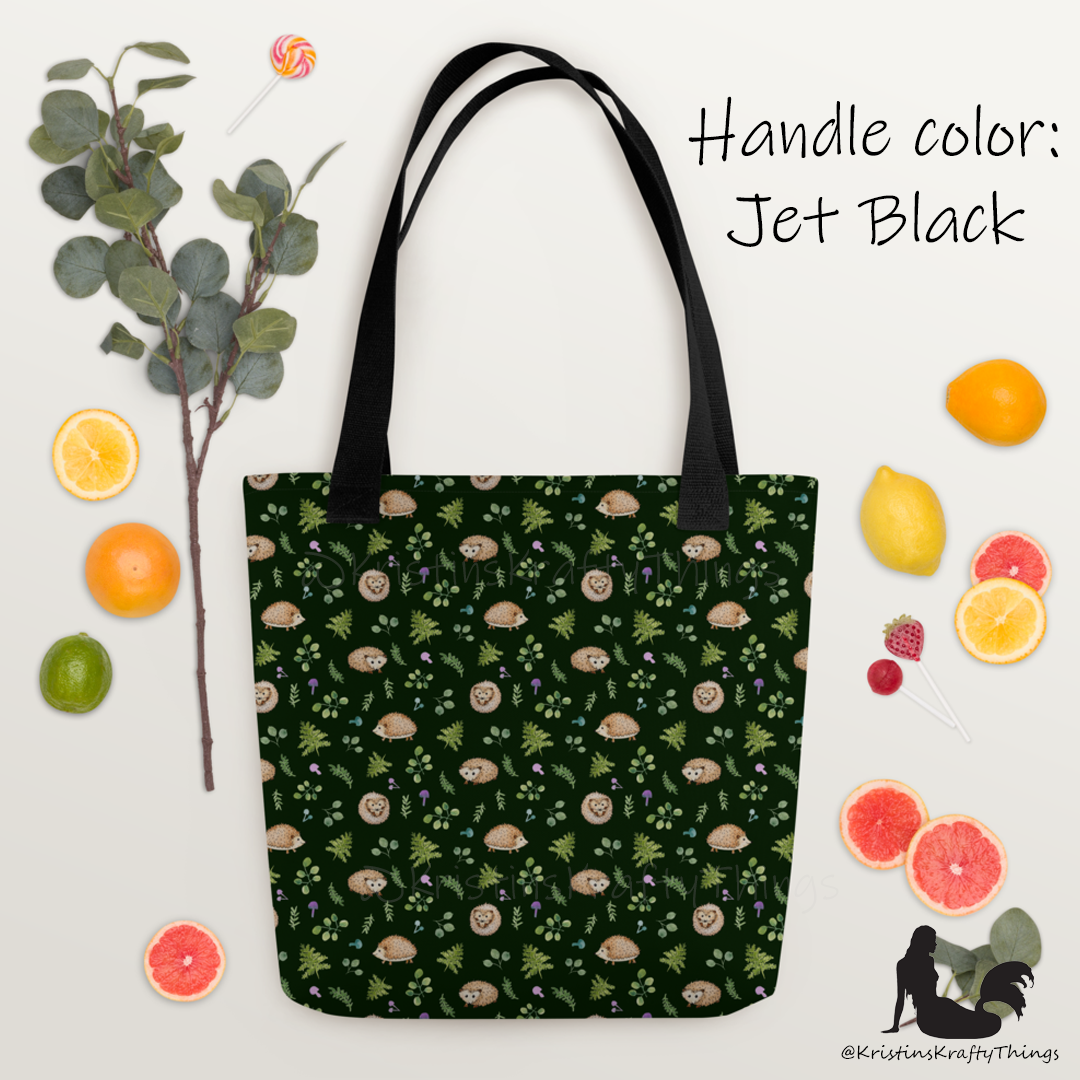 Tote Bag - Woodland Hedgehogs Ferns and Mushrooms on Dark Green