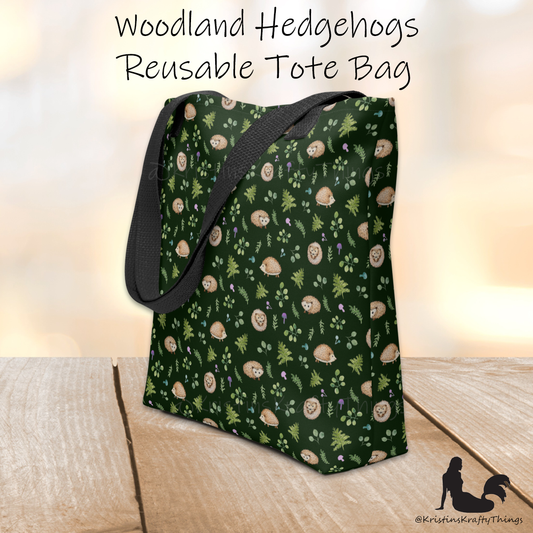 Tote Bag - Woodland Hedgehogs Ferns and Mushrooms on Dark Green