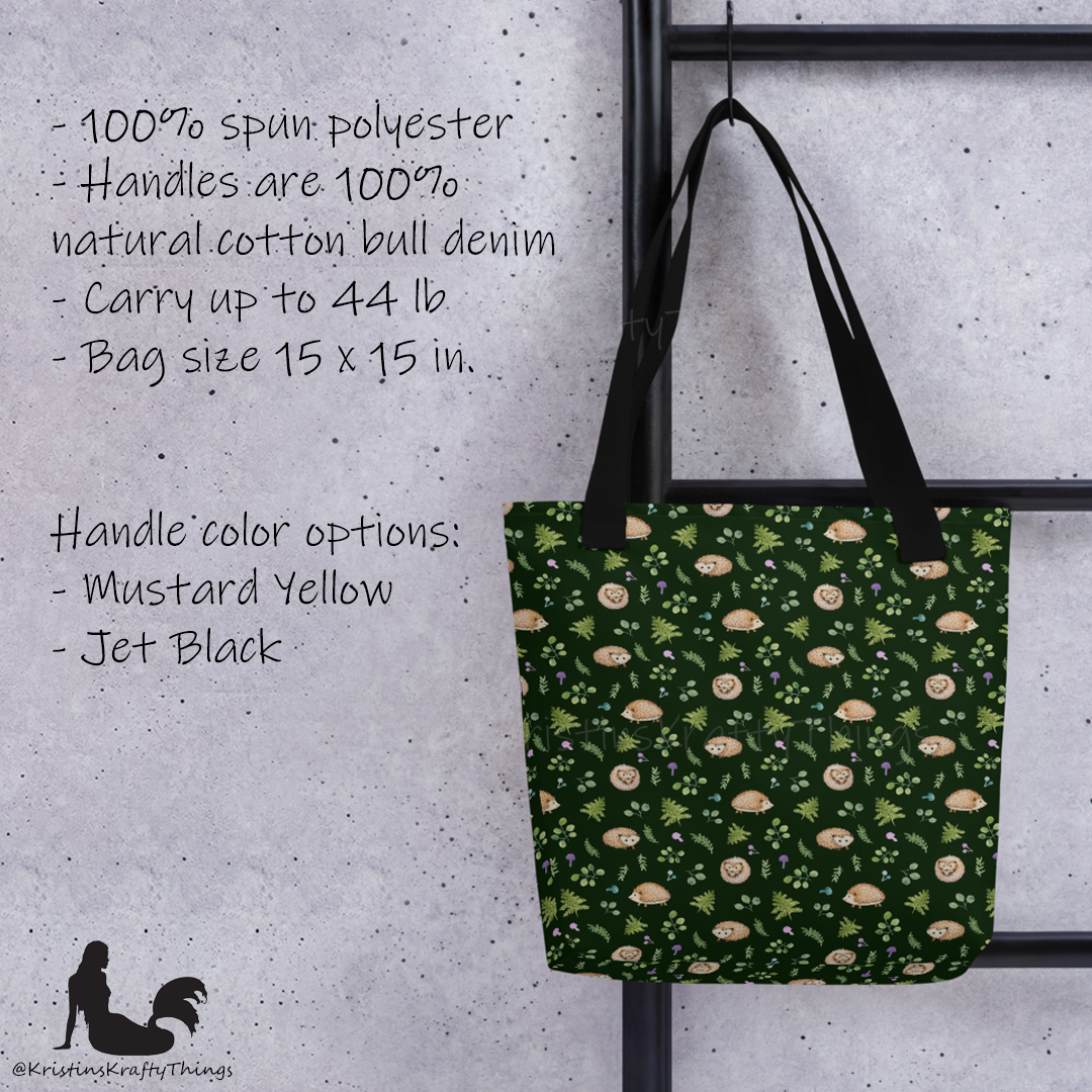 Tote Bag - Woodland Hedgehogs Ferns and Mushrooms on Dark Green
