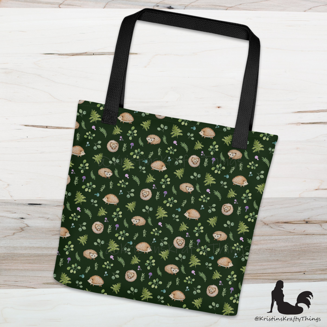 Tote Bag - Woodland Hedgehogs Ferns and Mushrooms on Dark Green