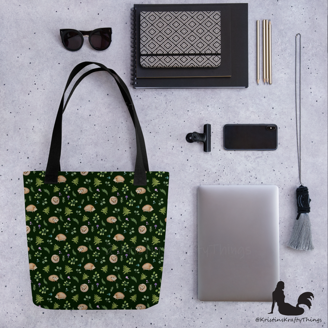 Tote Bag - Woodland Hedgehogs Ferns and Mushrooms on Dark Green