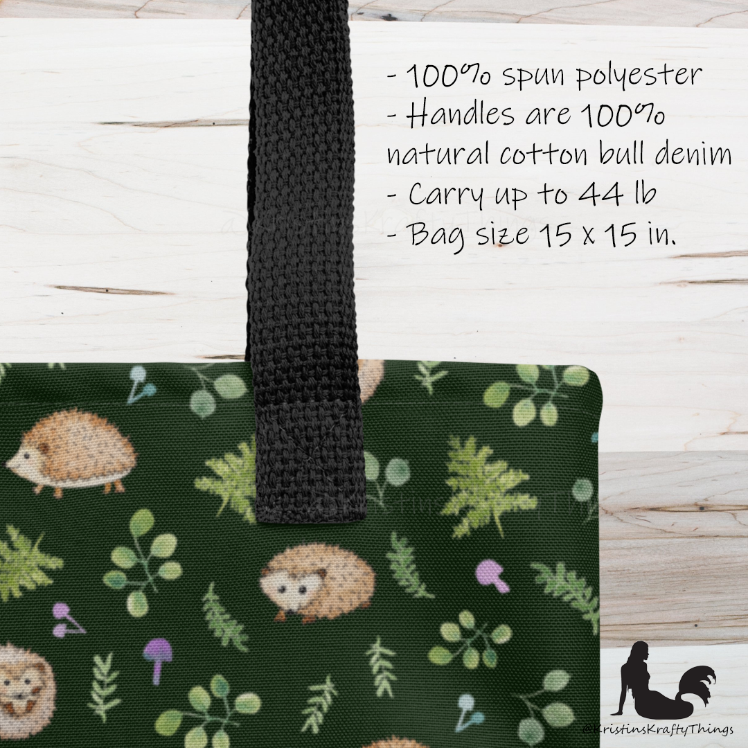 Tote Bag - Woodland Hedgehogs Ferns and Mushrooms on Dark Green