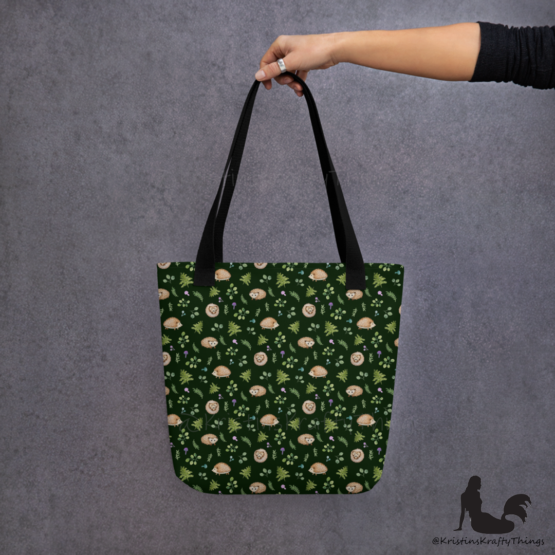 Tote Bag - Woodland Hedgehogs Ferns and Mushrooms on Dark Green
