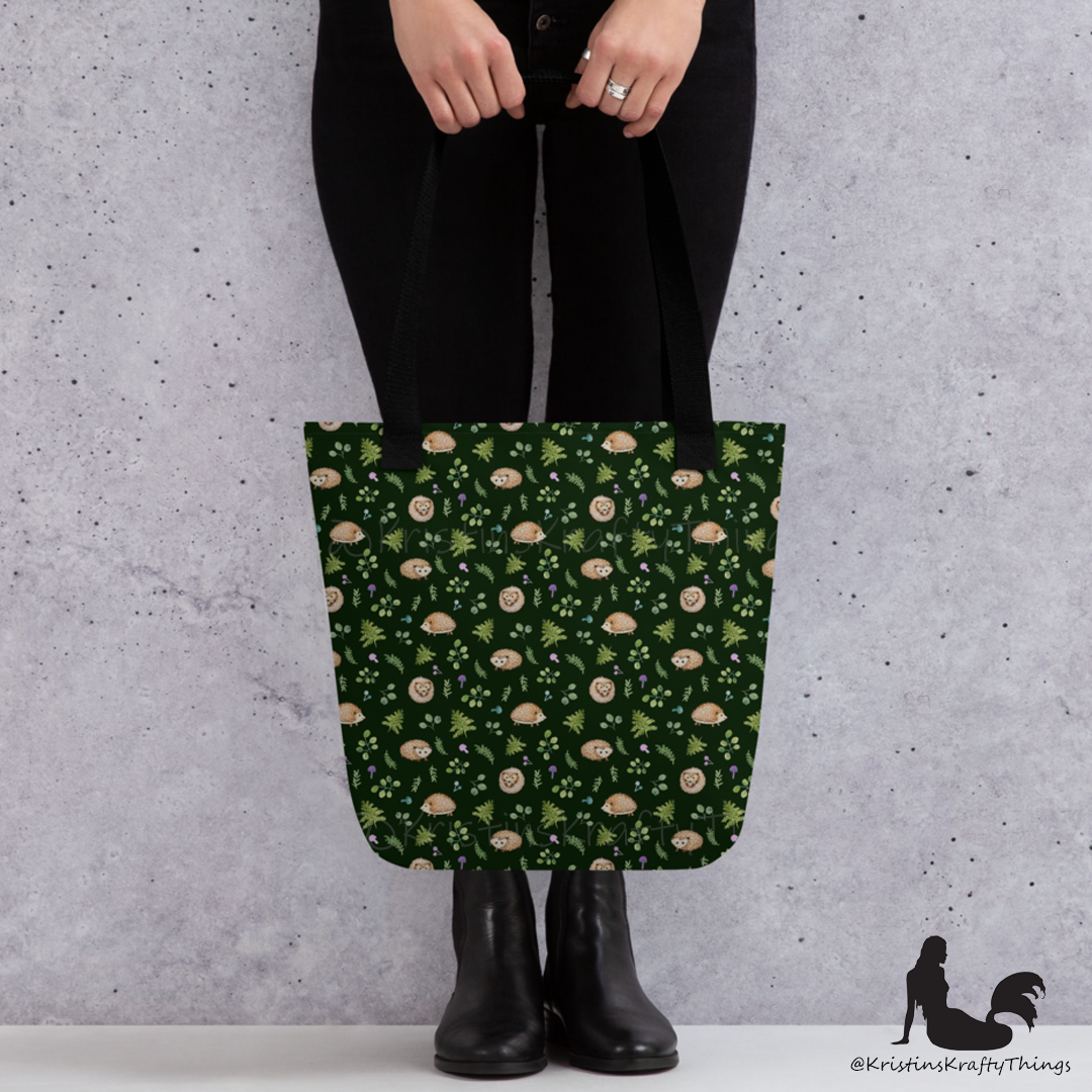 Tote Bag - Woodland Hedgehogs Ferns and Mushrooms on Dark Green