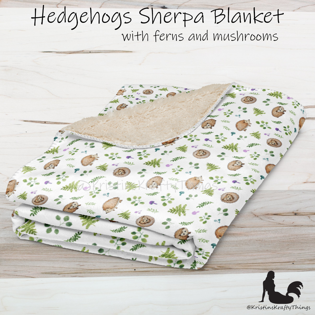 Throw Blanket - Woodland Hedgehogs Ferns and Mushrooms Sherpa Blanket