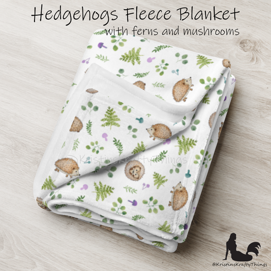 Throw Blanket - Woodland Hedgehogs Ferns and Mushrooms Fleece Blanket