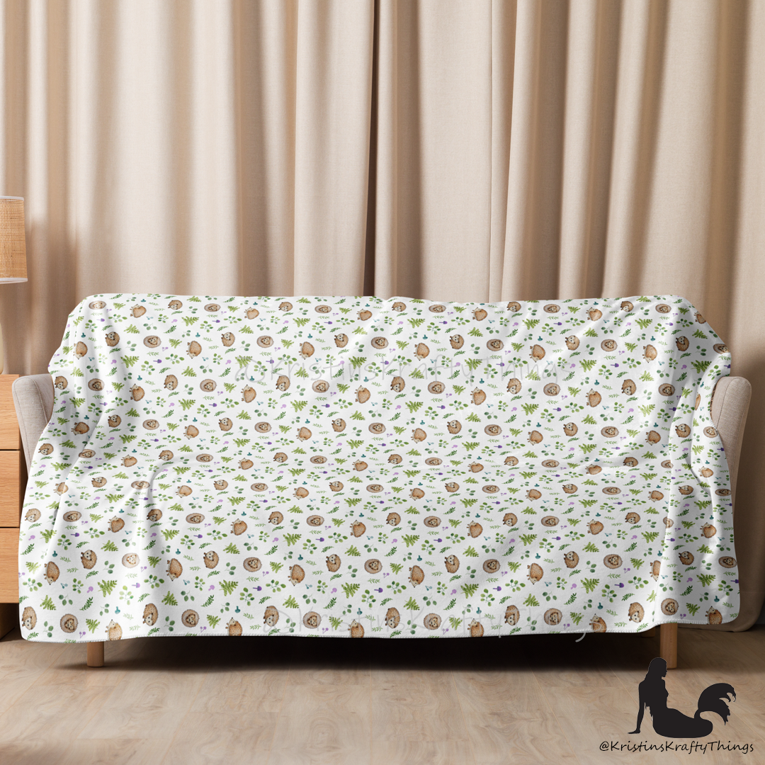 Throw Blanket - Woodland Hedgehogs Ferns and Mushrooms Sherpa Blanket