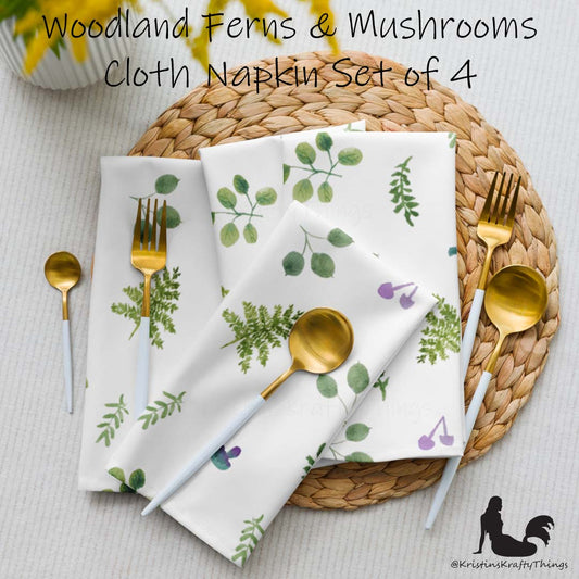 Dining - Woodland Ferns and Mushrooms White Cloth Napkin Set of 4
