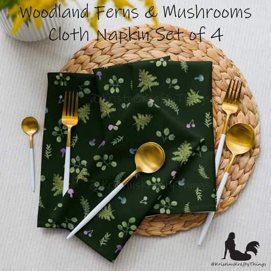 Dining - Woodland Ferns and Mushrooms Dk Green Cloth Napkin Set of 4