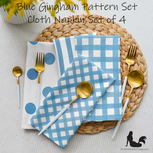 Dining - Blue Gingham on White Cloth Napkins Set of 4