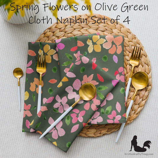 Dining - Spring Flowers on Olive Green Cloth Napkin Set of 4