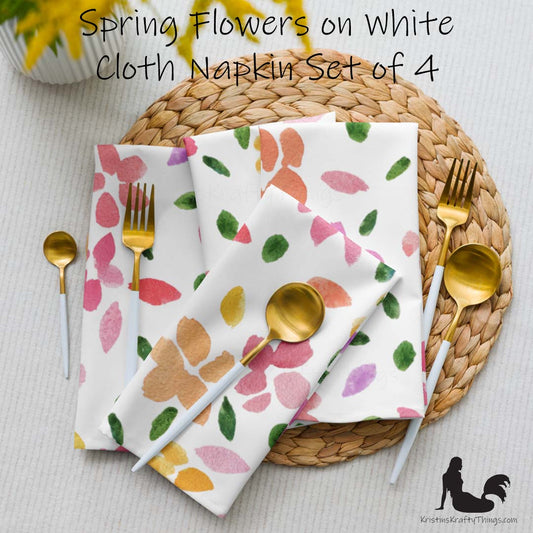 Dining - Spring Flowers on White Cloth Napkin Set of 4