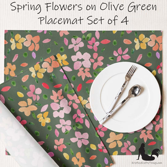 Dining - Spring Flowers on Olive Green Placemat Set of 4