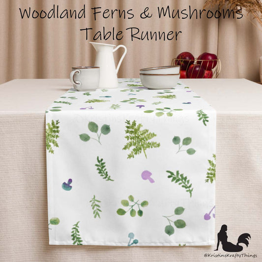 Dining - Woodland Ferns and Mushrooms White Table Runner