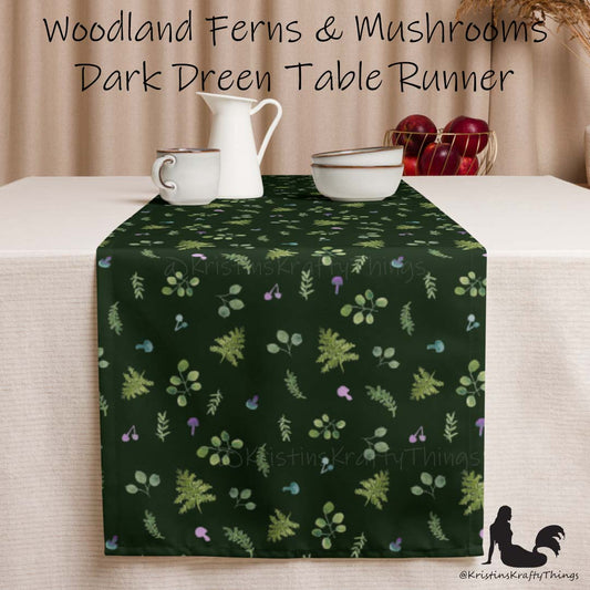 Dining - Woodland Ferns and Mushrooms Dk Green Table Runner