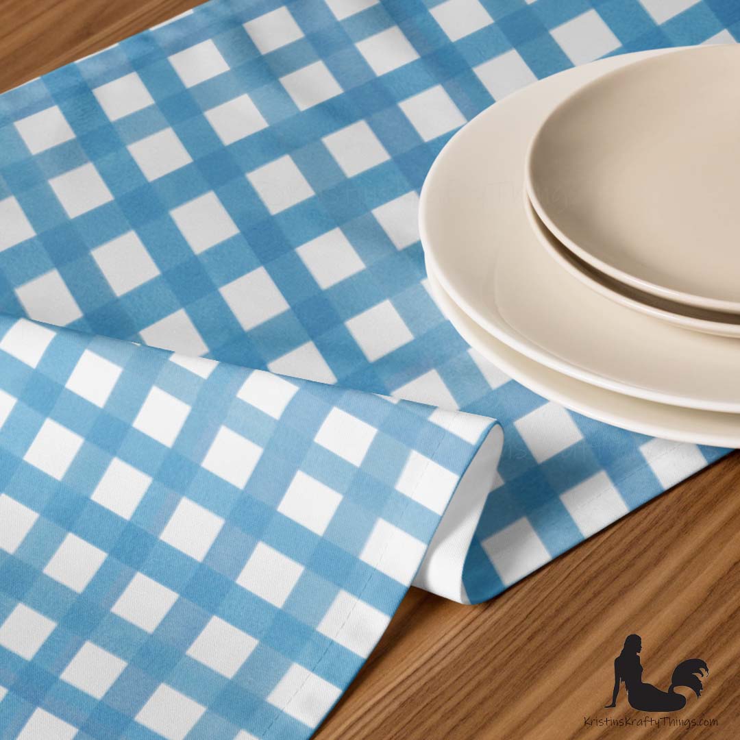 Dining - Blue Gingham on White Table Runner