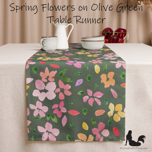 Dining - Spring Flowers on Olive Green Table Runner