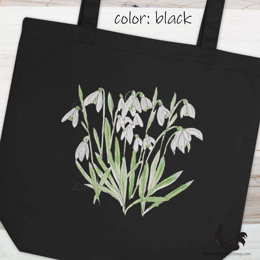 Cotton Eco Tote Bag - Snowdrop Watercolor and Ink Flowers