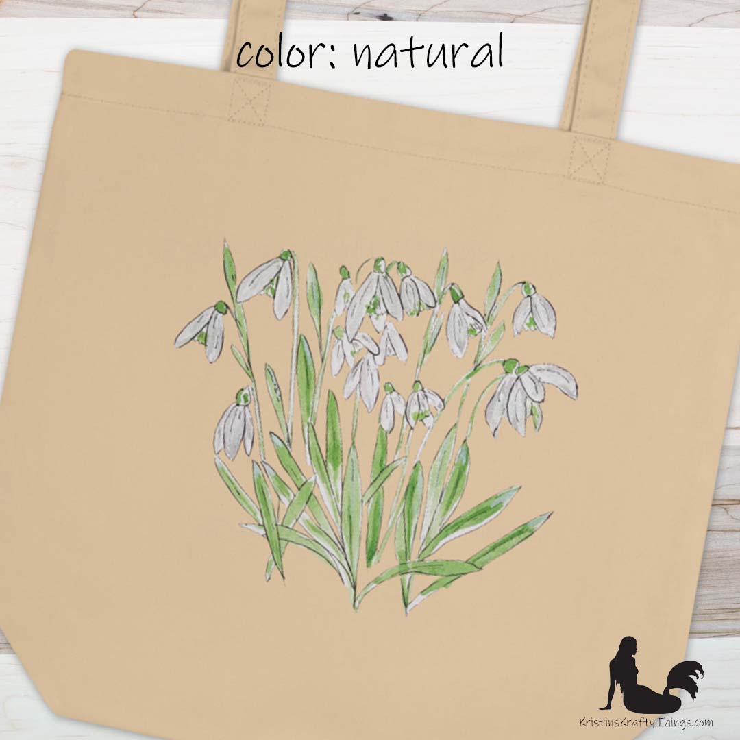 Cotton Eco Tote Bag - Snowdrop Watercolor and Ink Flowers