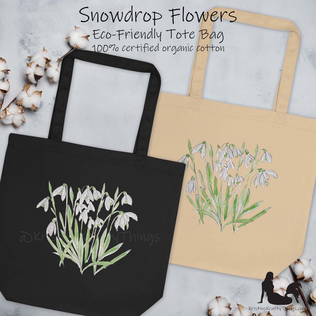 Cotton Eco Tote Bag - Snowdrop Watercolor and Ink Flowers
