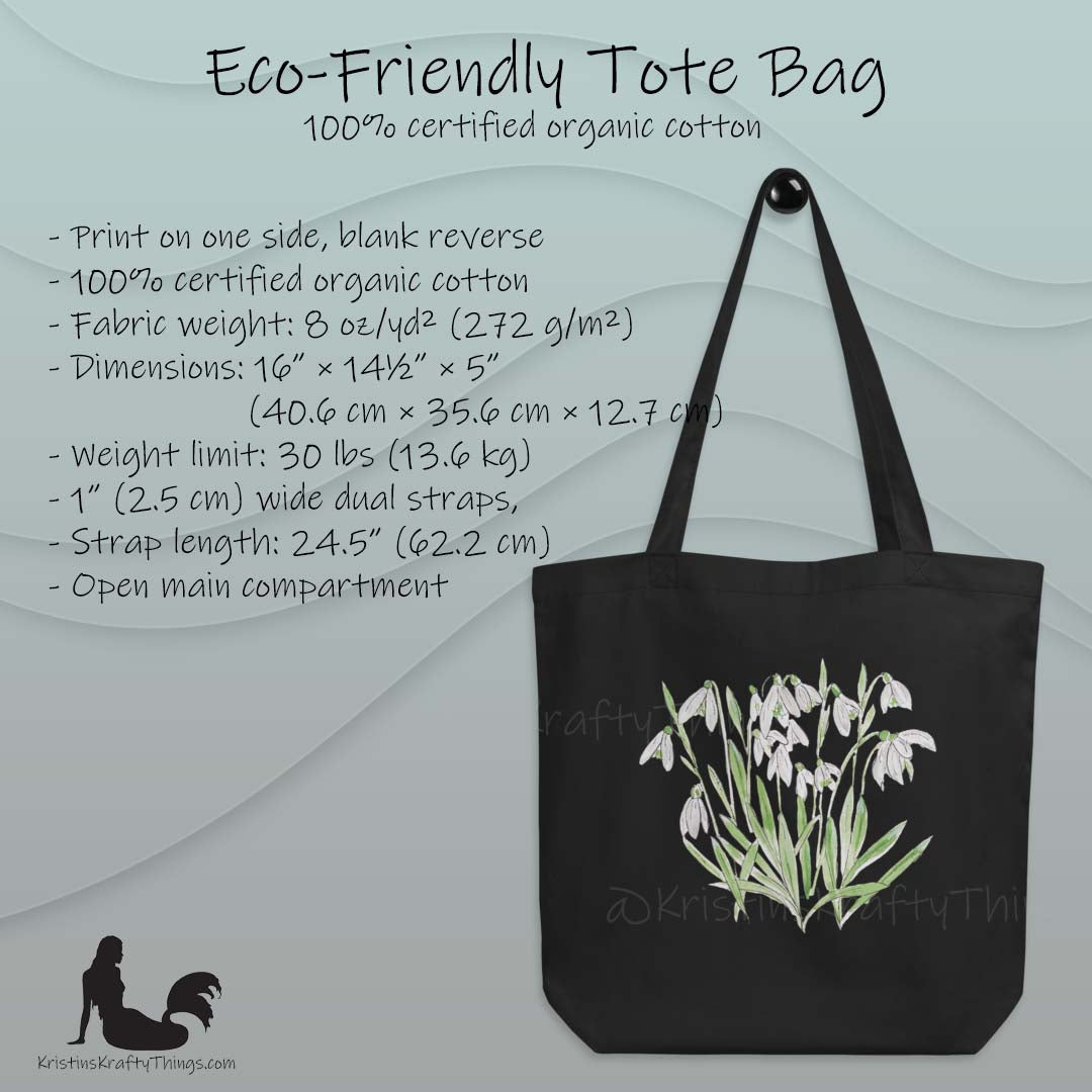 Cotton Eco Tote Bag - Snowdrop Watercolor and Ink Flowers