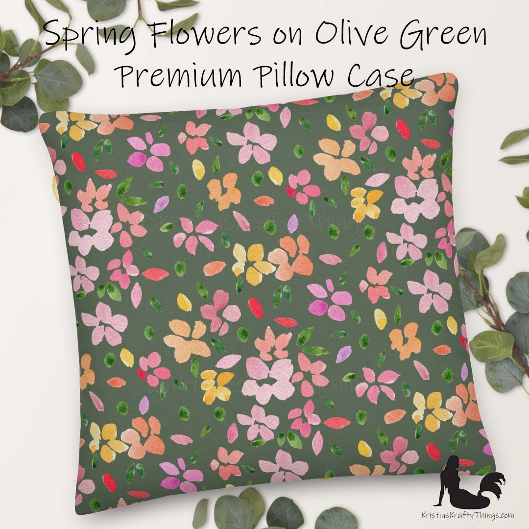 Home - Spring Flowers on Olive Green Premium Pillow Case
