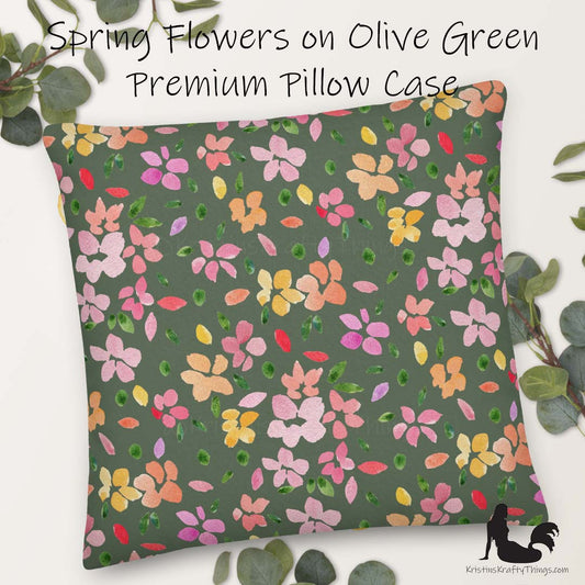 Home - Spring Flowers on Olive Green Premium Pillow Case
