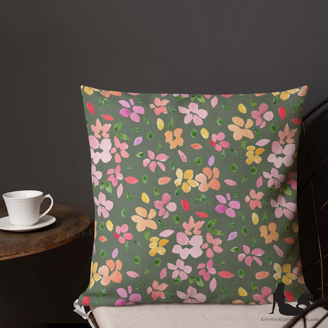 Home - Spring Flowers on Olive Green Premium Pillow Case