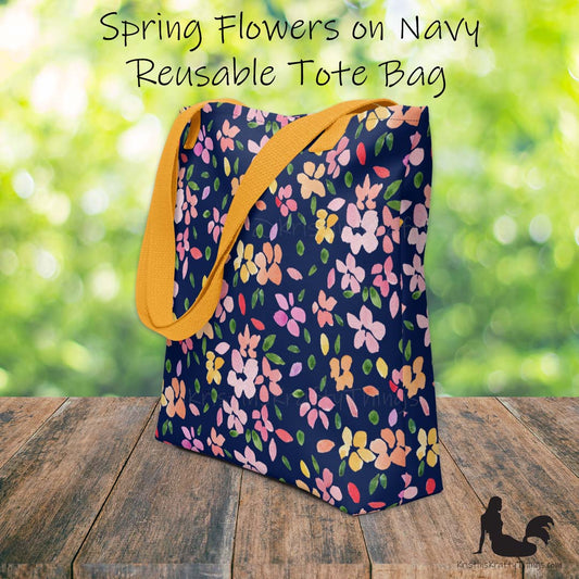 Tote Bag - Spring Flowers on Navy Blue
