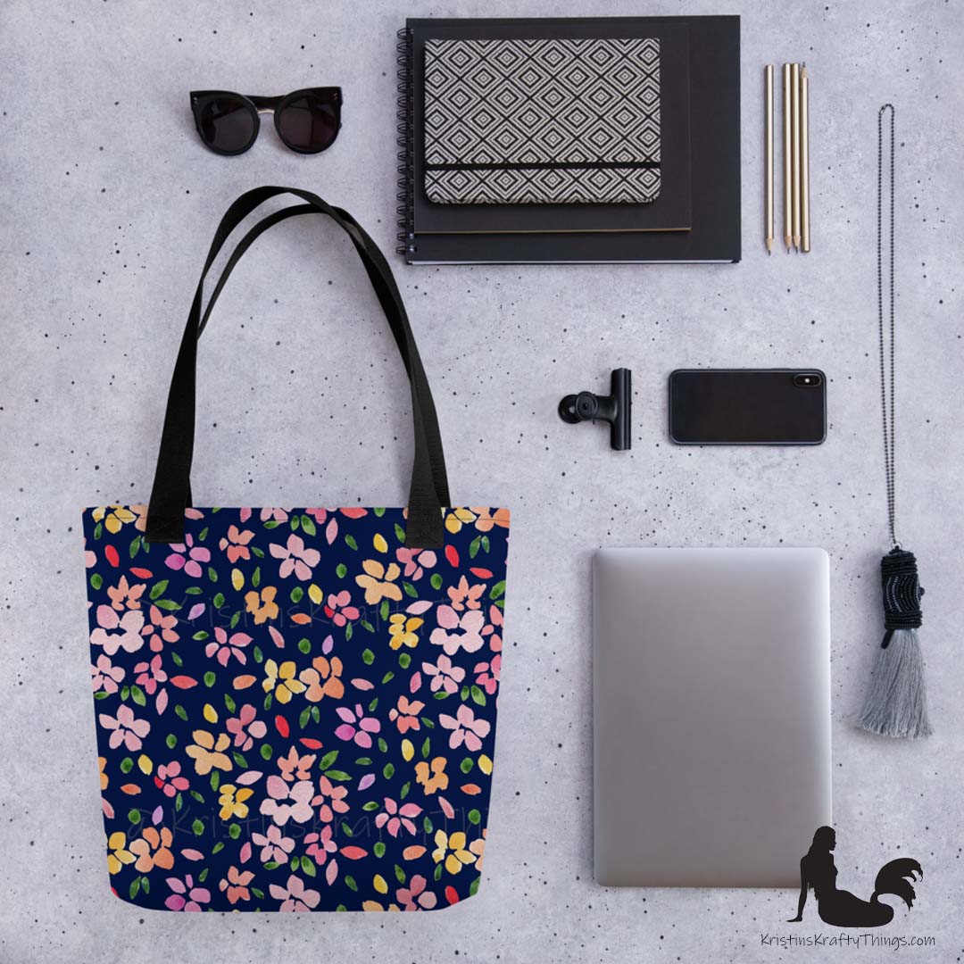 Tote Bag - Spring Flowers on Navy Blue