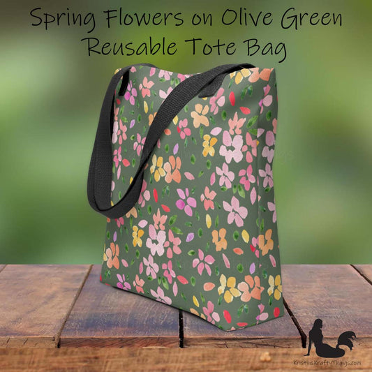 Tote Bag - Spring Flowers on Olive Green