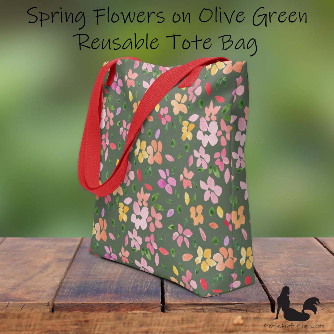 Tote Bag - Spring Flowers on Olive Green