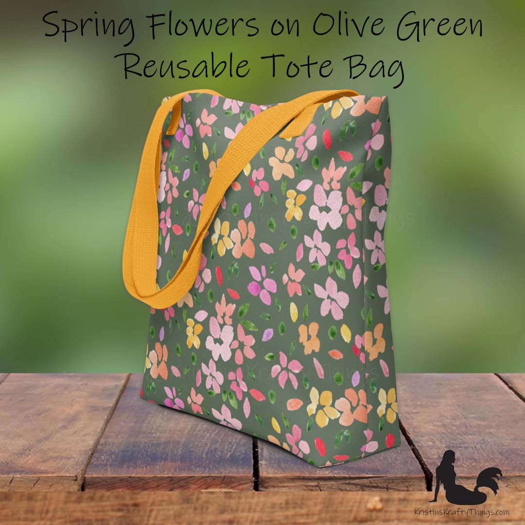 Tote Bag - Spring Flowers on Olive Green