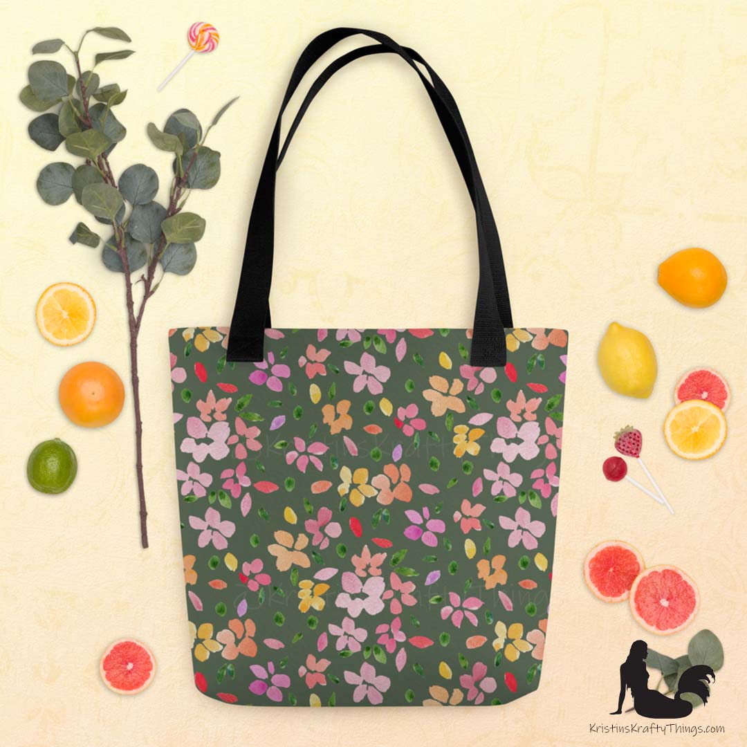 Tote Bag - Spring Flowers on Olive Green