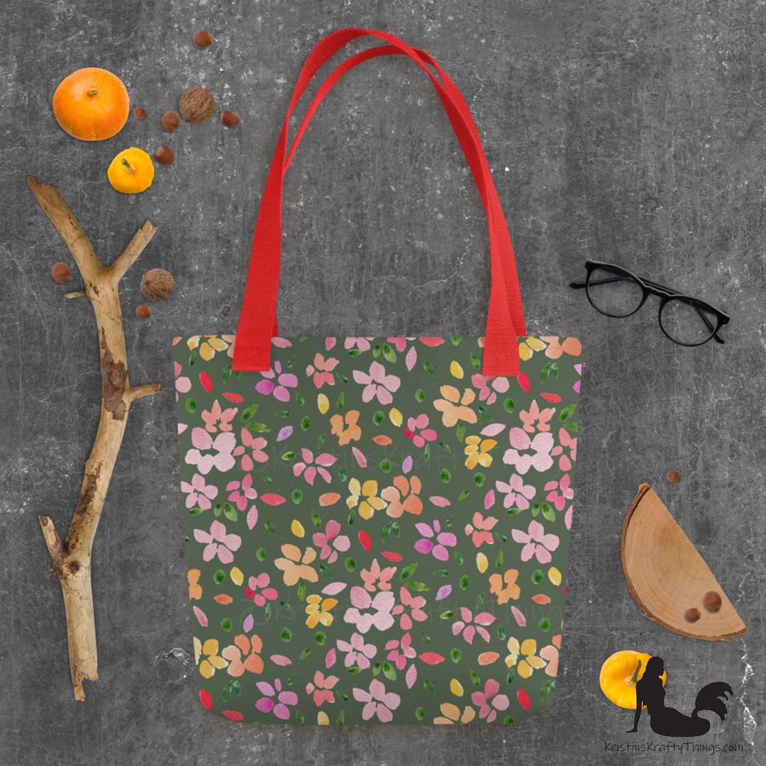 Tote Bag - Spring Flowers on Olive Green