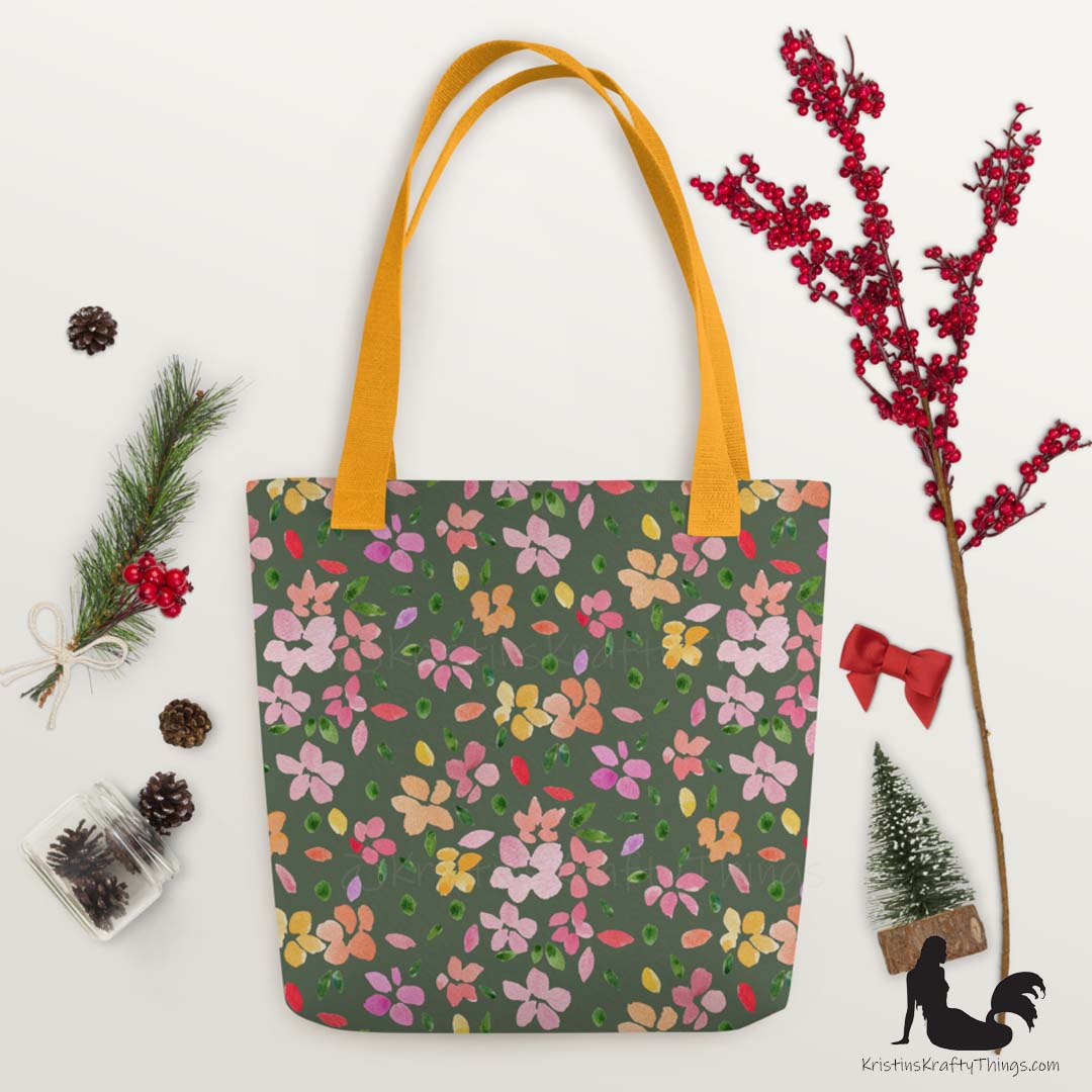 Tote Bag - Spring Flowers on Olive Green
