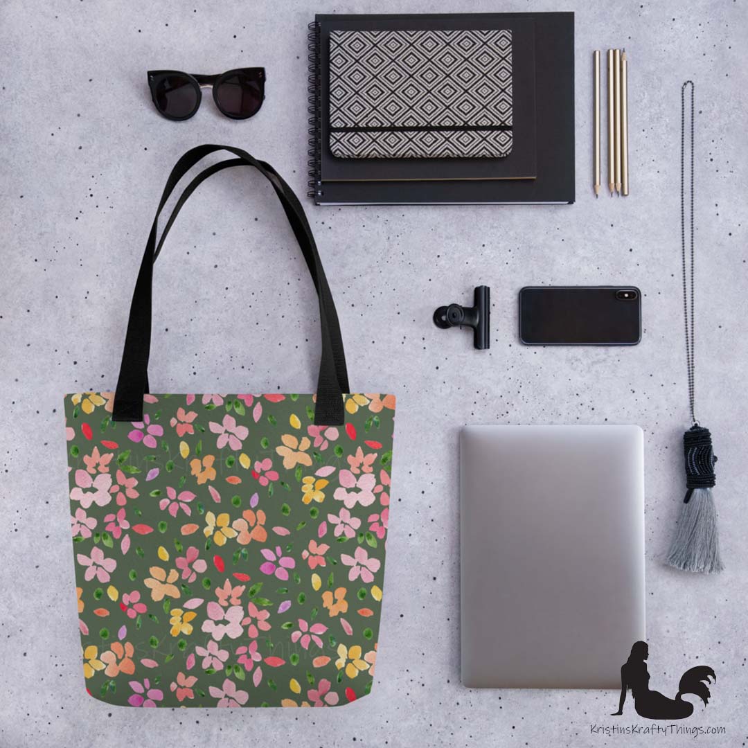 Tote Bag - Spring Flowers on Olive Green