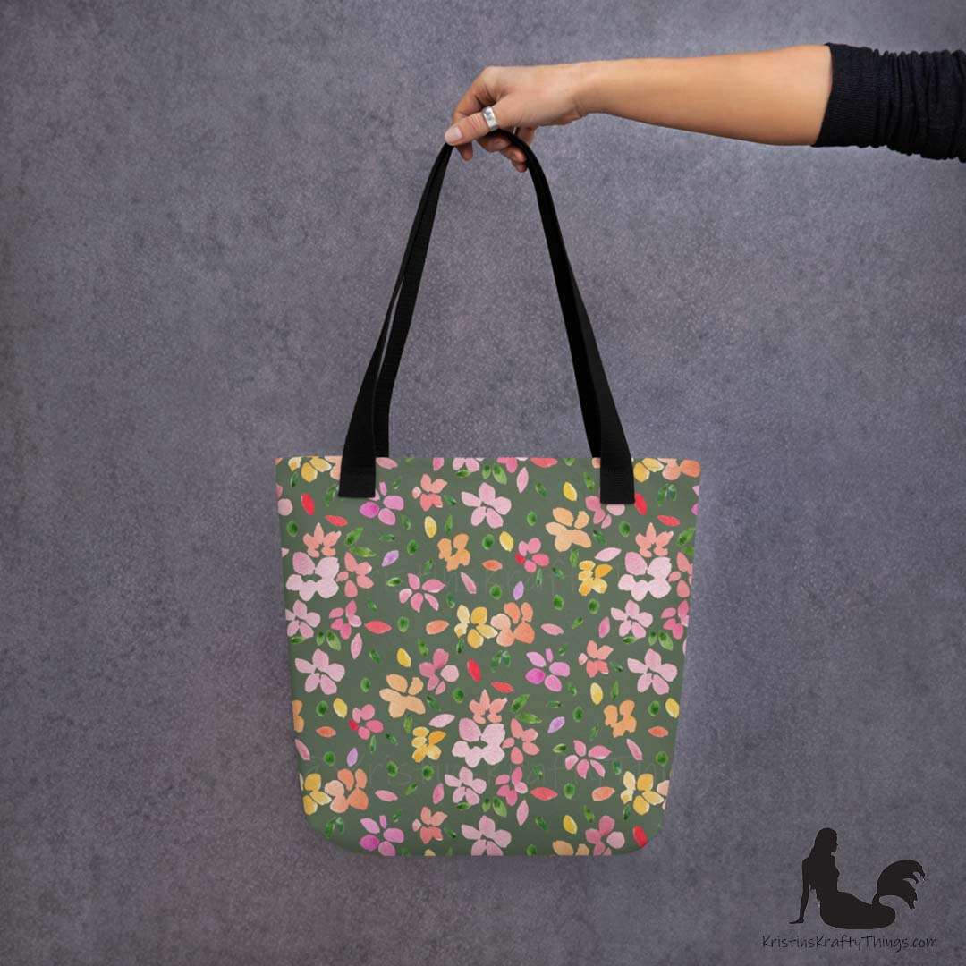 Tote Bag - Spring Flowers on Olive Green