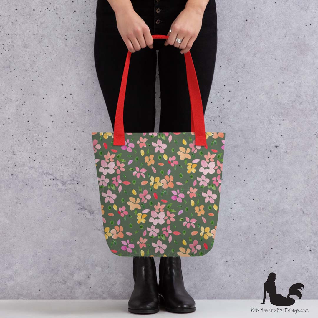 Tote Bag - Spring Flowers on Olive Green